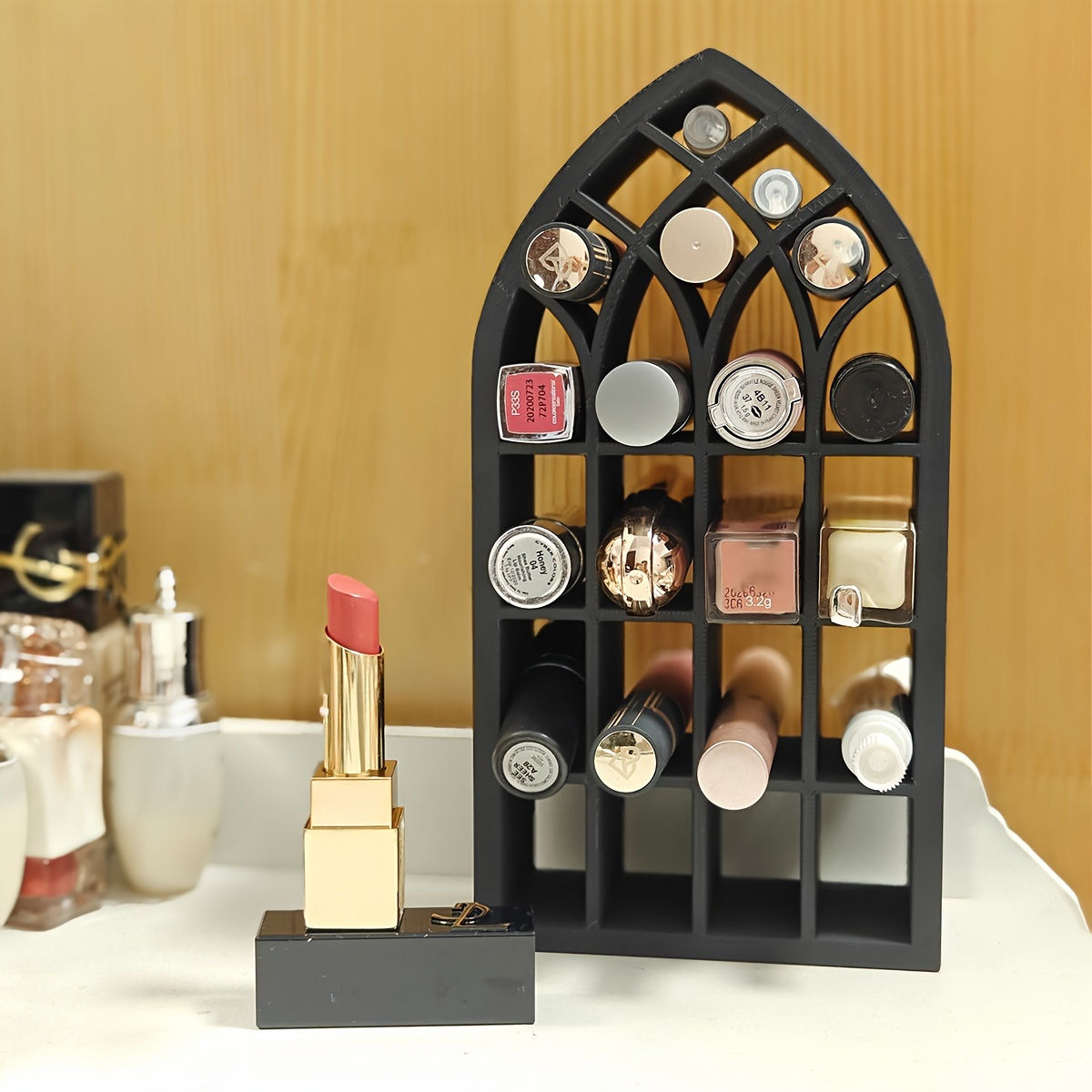 Chic Black 3D-Printed Plastic Organizer - Perfect for Lipstick, Cosmetics & Bath