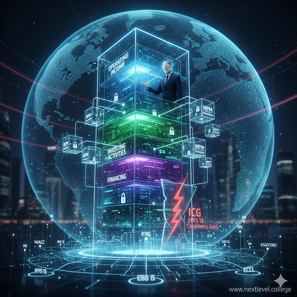 Futuristische 3D-Visualisierung der IFRS 18 Bilanzarchitektur mit den Kategorien Operating, Investing und Financing. Ein zentraler Datenwürfel zeigt die Vernetzung von MPM, WACC und ESG-Reporting, während ein roter Blitz den IFRS 18 Consistency Gap (ICG) als Risikofaktor markiert.