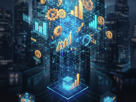 Finance Data Mesh Architektur von NextLevel College: Ein dezentrales Datennetzwerk für Accounting, Controlling und Treasury auf einem futuristischen, dunklen Hintergrund.