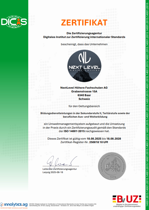 ISO 14001 Zertifizierung â NextLevel College fĂŒr nachhaltige Bildung