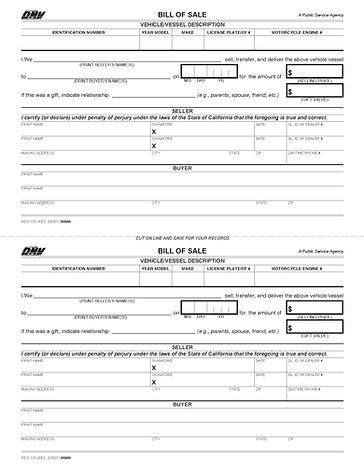 California Motor Vehicle Bill of Sale Form