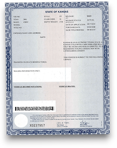 A Kansas Certificate of Title for a vehicle