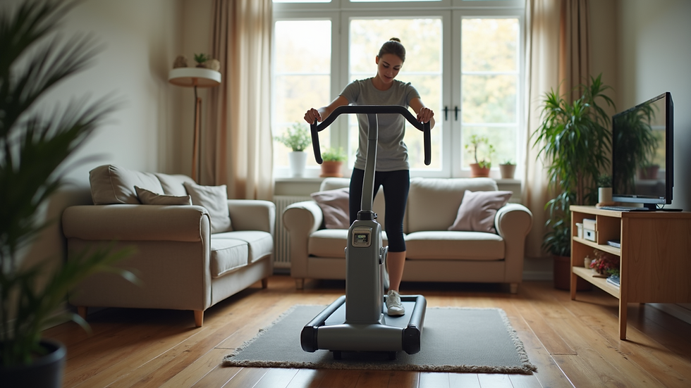 Eye-level view of a therapist setting up exercise equipment in a cozy living room