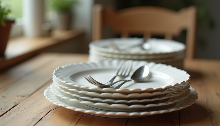 Close-up view of a stack of biodegradable disposable plates and cutlery on a rustic wooden table