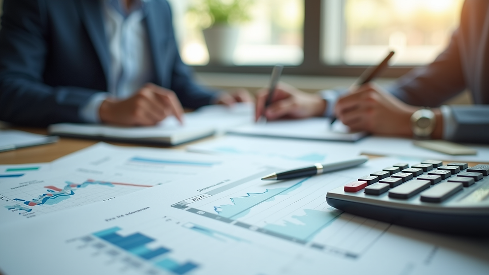 Close-up view of a desk with organized financial documents and a calculator