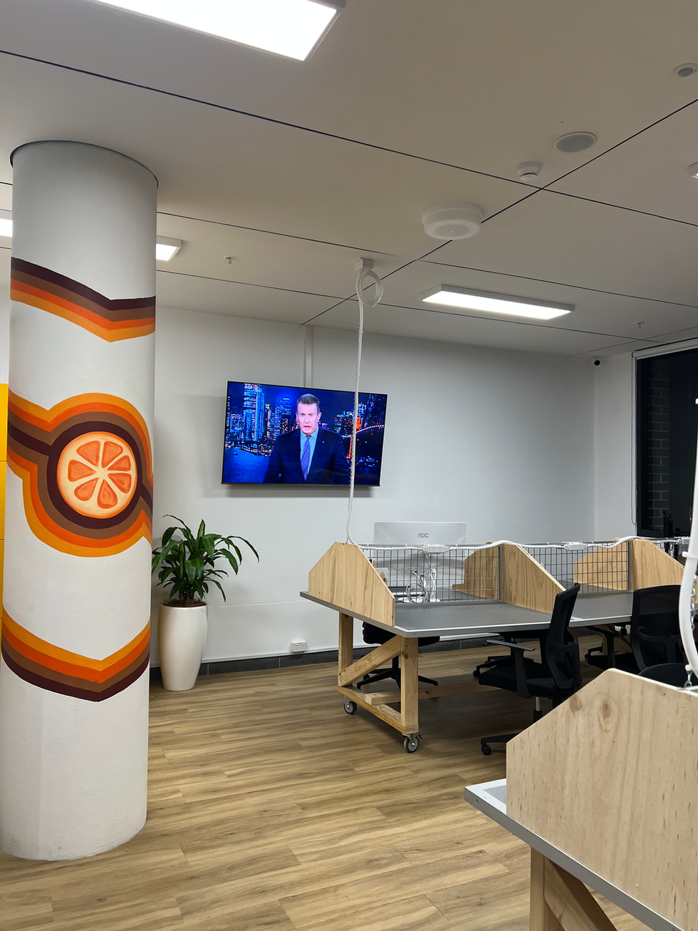 Pillar mural featuring orange citrus slice and retro orange-toned stripes, painted in hot desk area of WOTSO Kogarah.