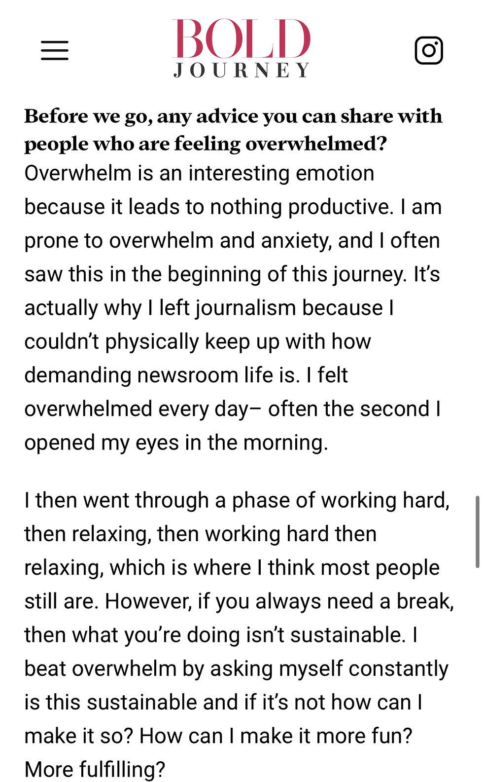 A screenshot of the Bold Journey article discussing overwhelm and imposter syndrome among entrepreneurs, visionaries and leaders