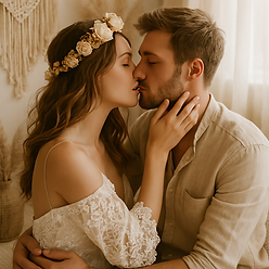 Couple qui s'embrasse dans un thème bohème chic