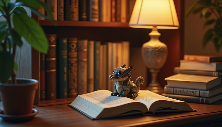 Eye-level view of a cozy reading nook with a stack of books and a dragon figurine