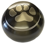 Circular brass urn with silver paw print on lid