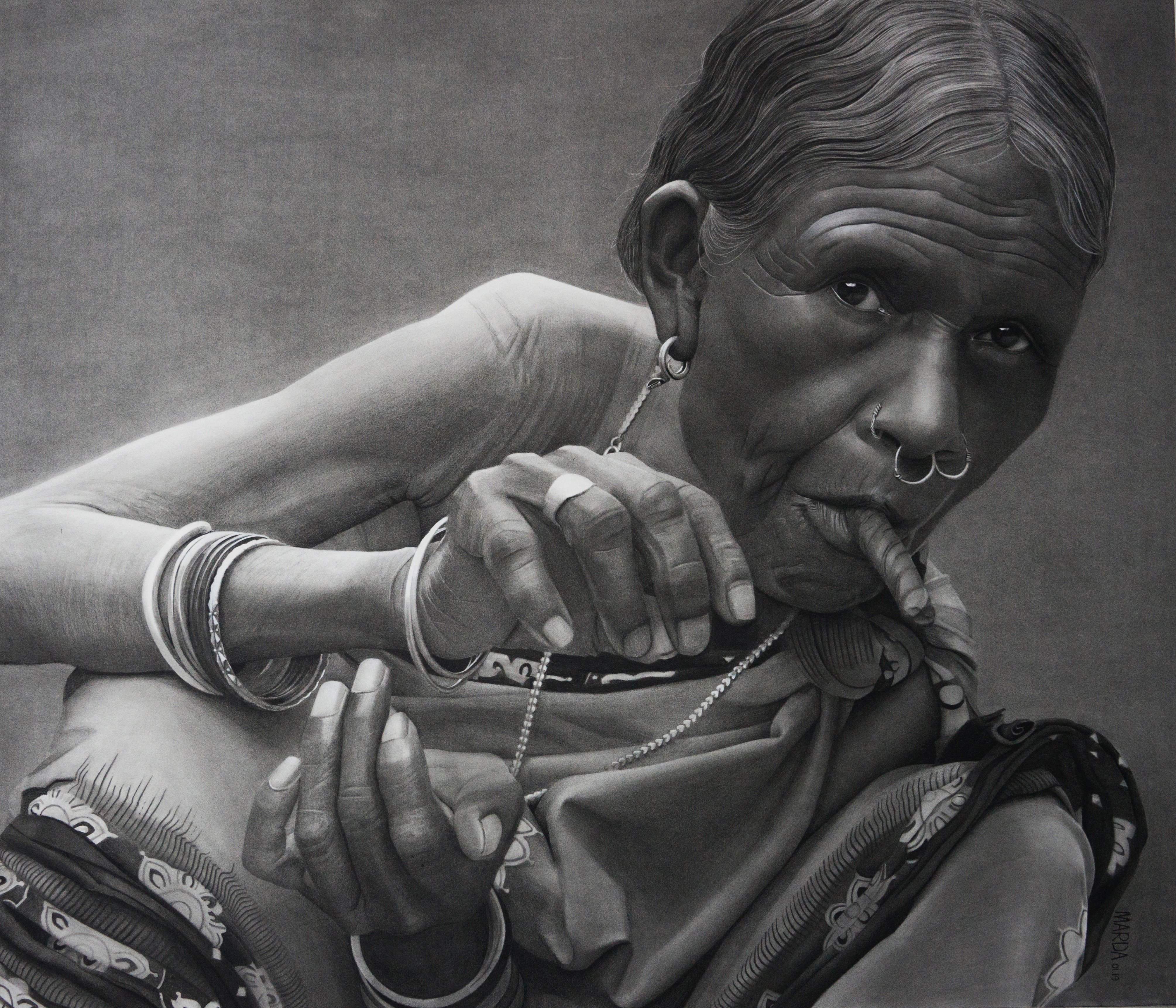 Lady with a Cigar, Charcoal on paper mounted on foam board.