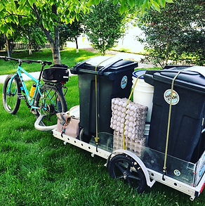 Bike parked in grass, pulling trailer with compost bins