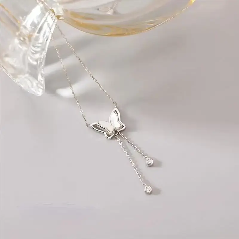 Thumbnail: Women's Necklace 925 Sterling Silver Tassel Butterfly Double Layer