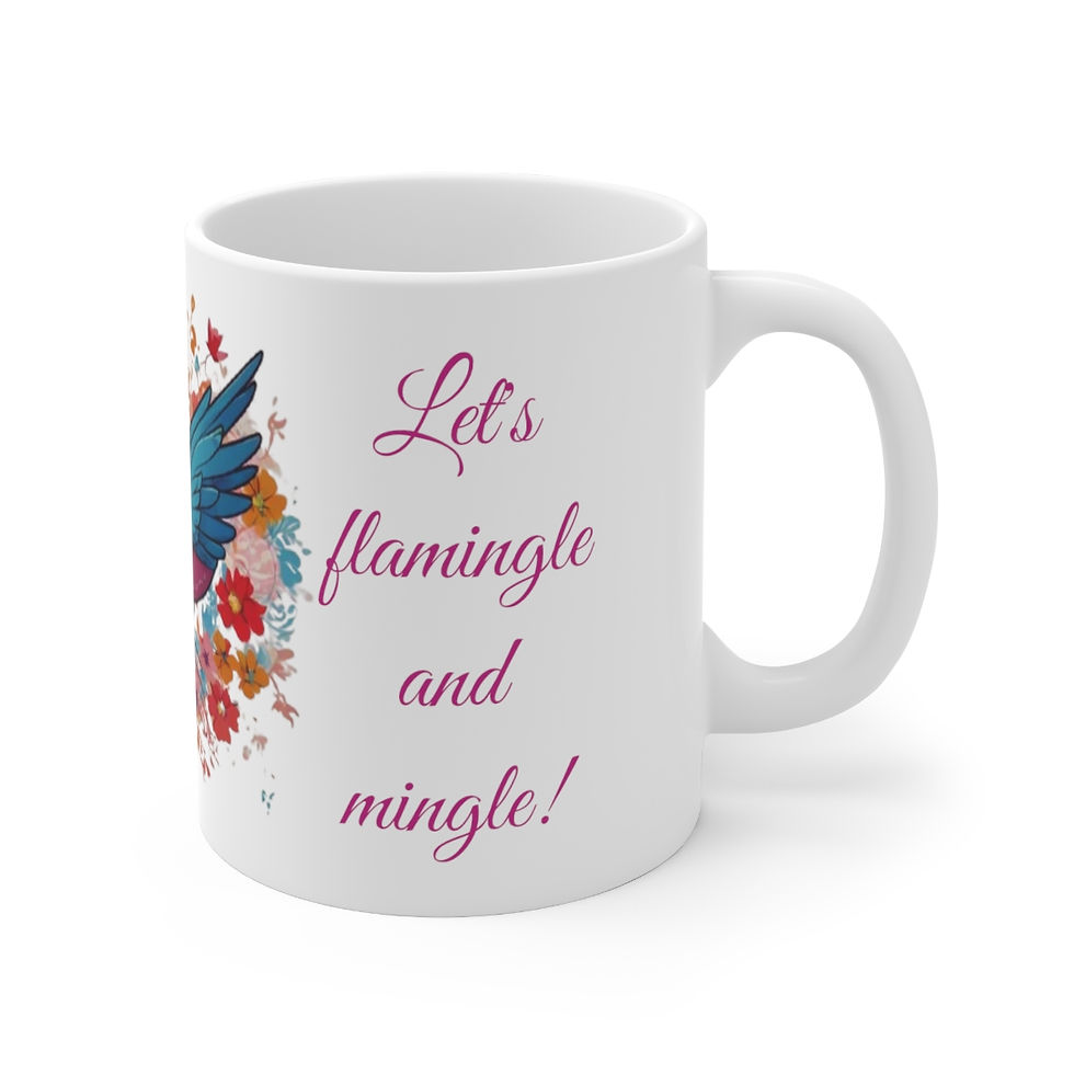 Thumbnail: Ceramic Mug 11oz, text:Let's flamingle and mingle!
