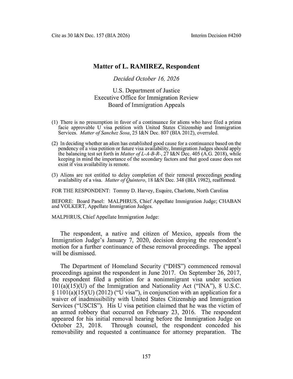 L. Ramirez案判决首页:U签证待审与递解程序延期标准