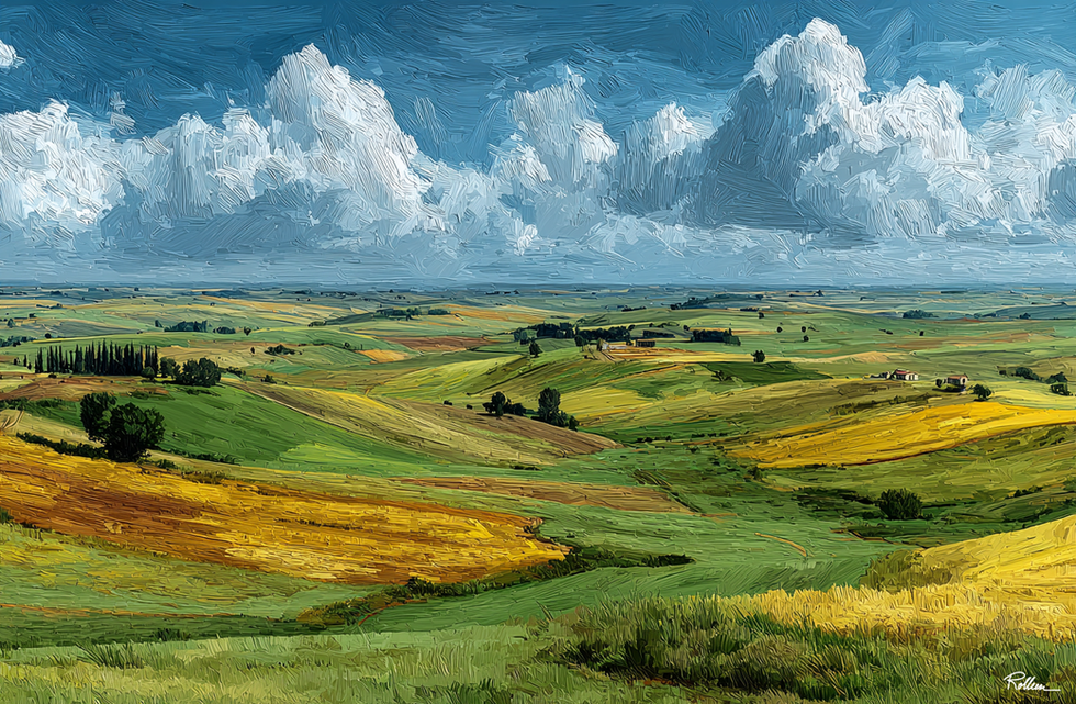 Vibrant Fields under a Cloudy Sky