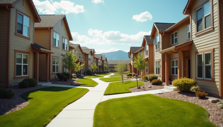 Eye-level view of a townhouse complex with well-maintained landscaping and fresh paint
