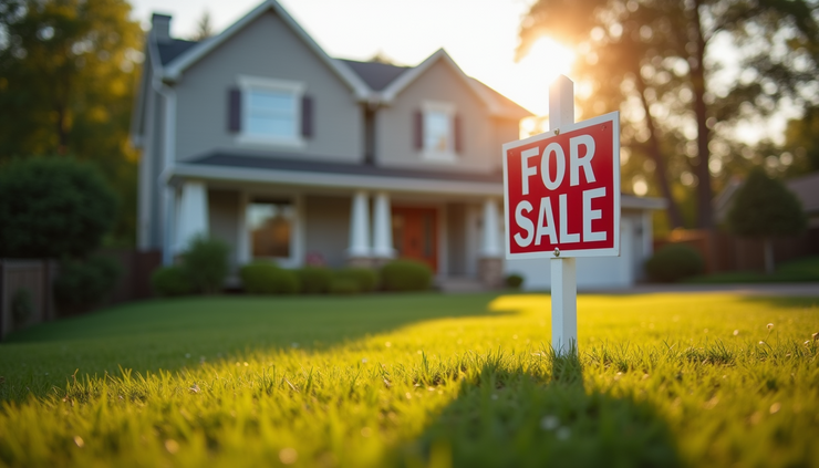 Eye-level view of a suburban house with a "For Sale" sign in the front yard