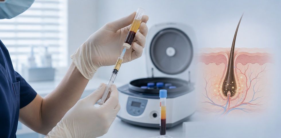 A gloved clinician drawing platelet-rich fibrin into a fine syringe beside a centrifuge, illustrating PRF injections for hair loss