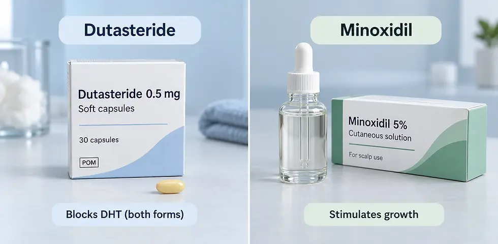 A split comparison of two hair-loss treatments: dutasteride capsules, which block DHT, and minoxidil scalp solution, which stimulates growth