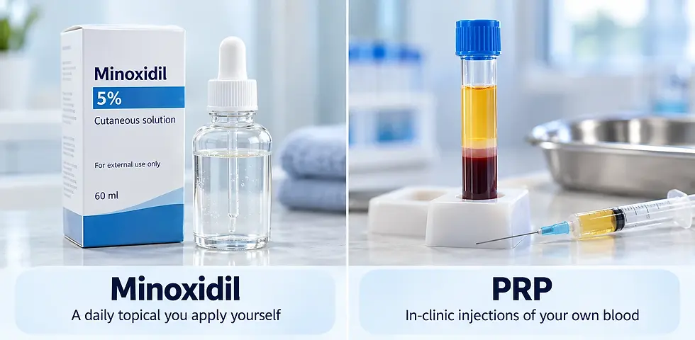 A split comparison of two hair-loss treatments: minoxidil, a daily topical you apply yourself, and PRP, in-clinic injections made from your own blood