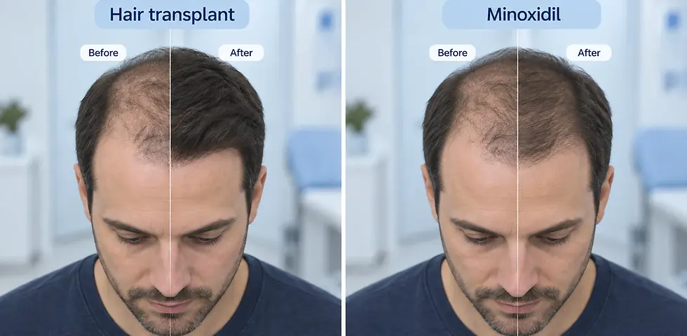 A side-by-side comparison, each treatment shown as a before-and-after head: a hair transplant restoring a receded hairline to full density, and minoxidil thickening existing thinning hair