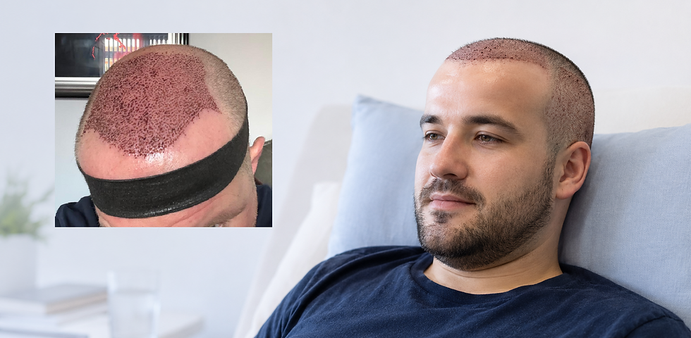 A patient resting propped up on pillows a few days after a hair transplant with mild forehead swelling, illustrating normal post-transplant swelling
