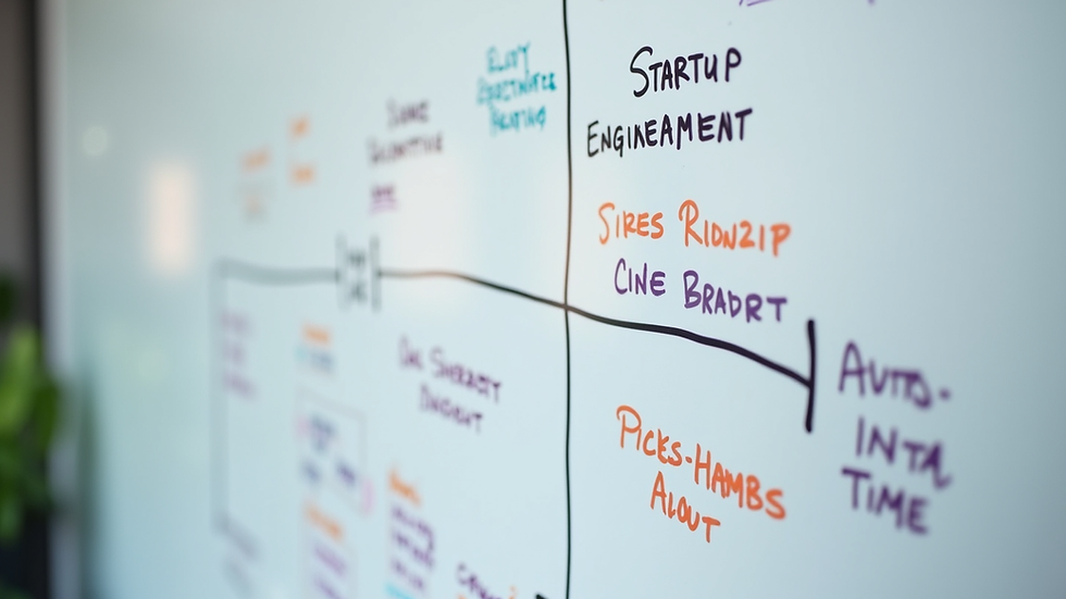 Close-up view of a whiteboard with startup strategy and engineering diagrams