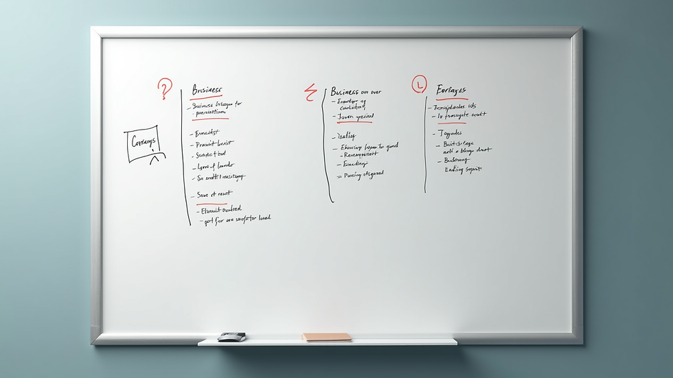 High angle view of a whiteboard with business strategy notes and diagrams