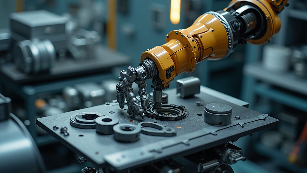 Eye-level view of a robotic arm assembling a mechanical component