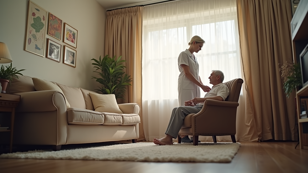 Eye-level view of a cozy living room with a caregiver setting up a comfortable chair