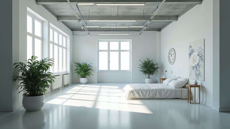 Eye-level view of a modern SPMU studio interior with clean design