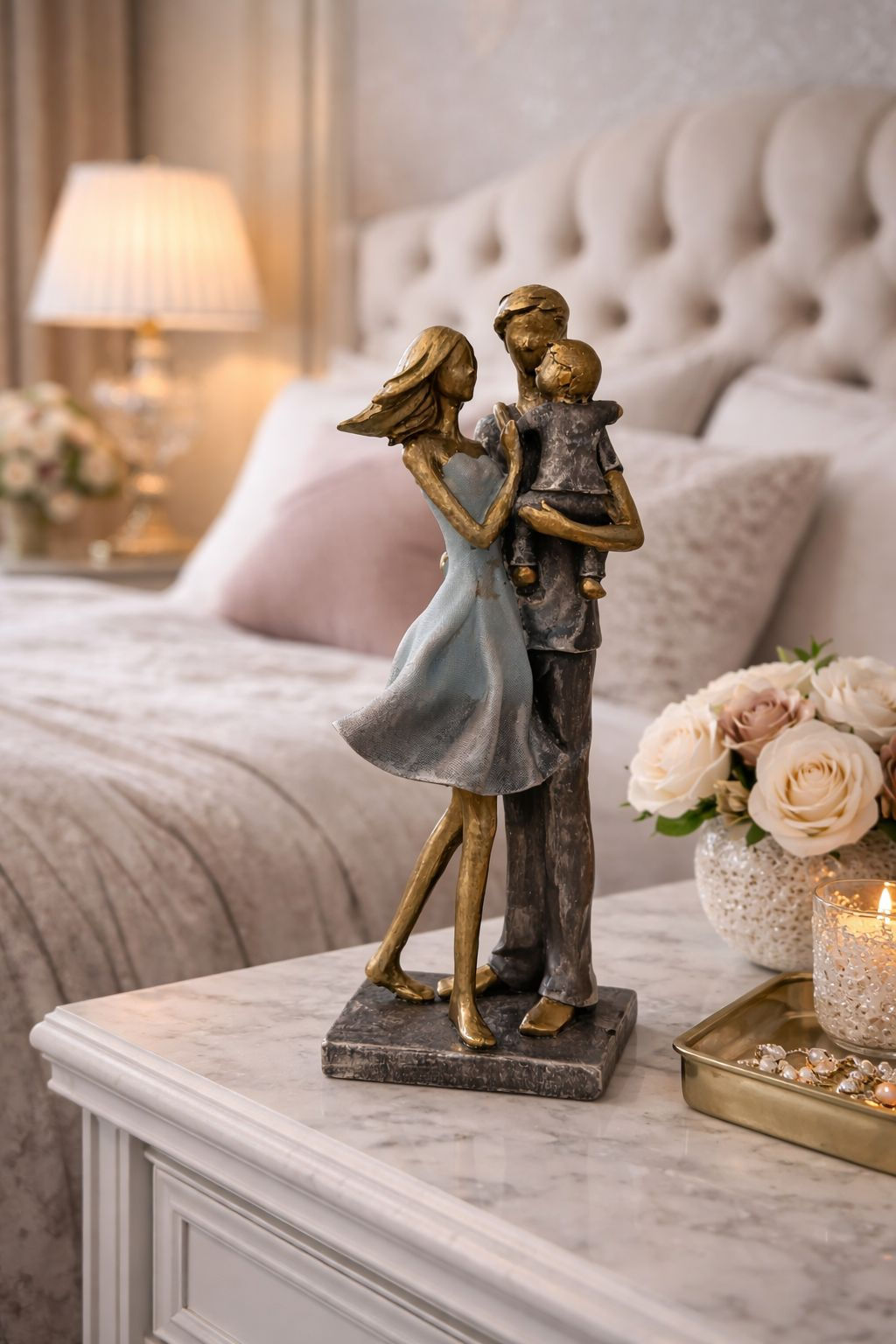 CASAL COM FILHO DECORATIVO (CINZA/AZUL/DOURADO) - 1UN