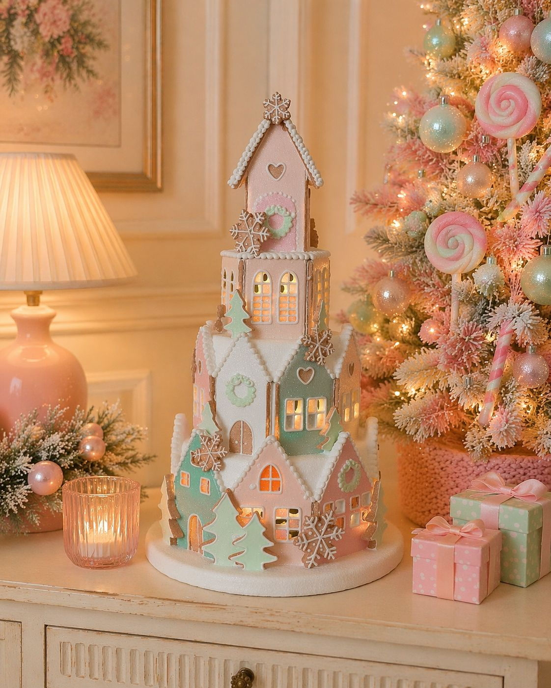 CASA GINGER RESINA C/LED (ROSA) - 1UN