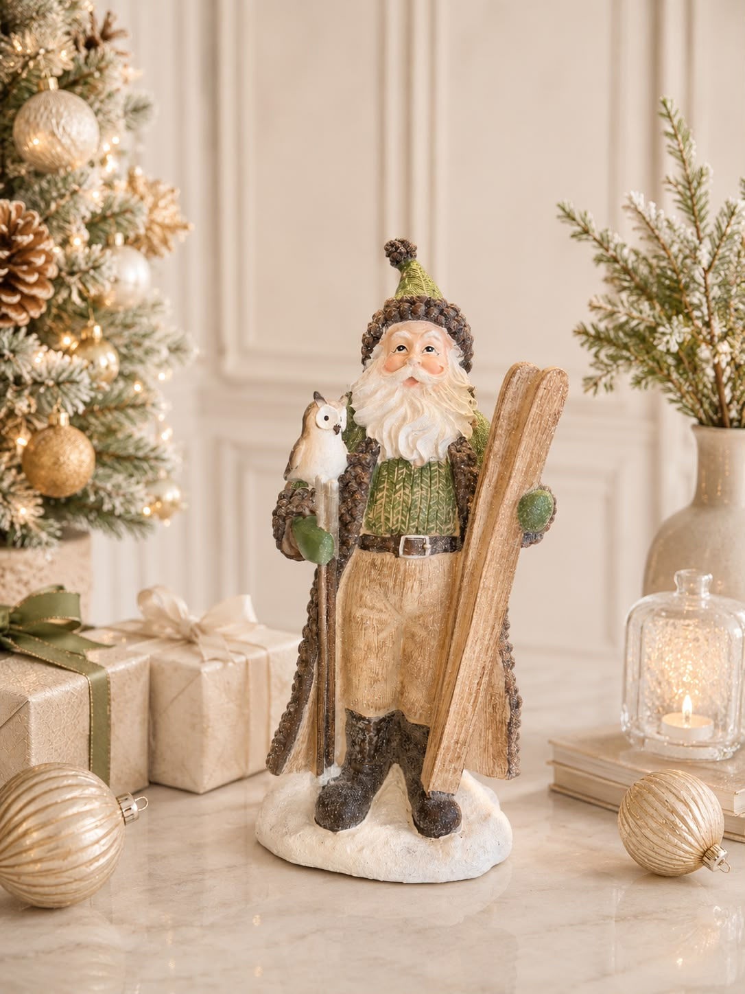 PAPAI NOEL C/ ESQUIS E CORUJA RUSTICO RESINA (VERDE/BEGE) - 1UN