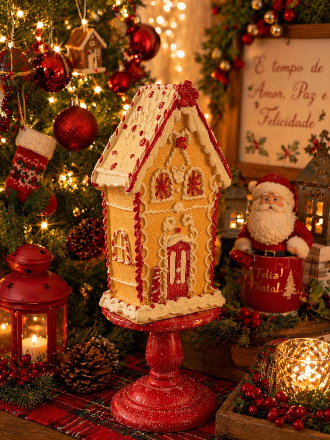 CASA GINGERBREAD RESINA (BEGE/VERMELHO) - 1UN