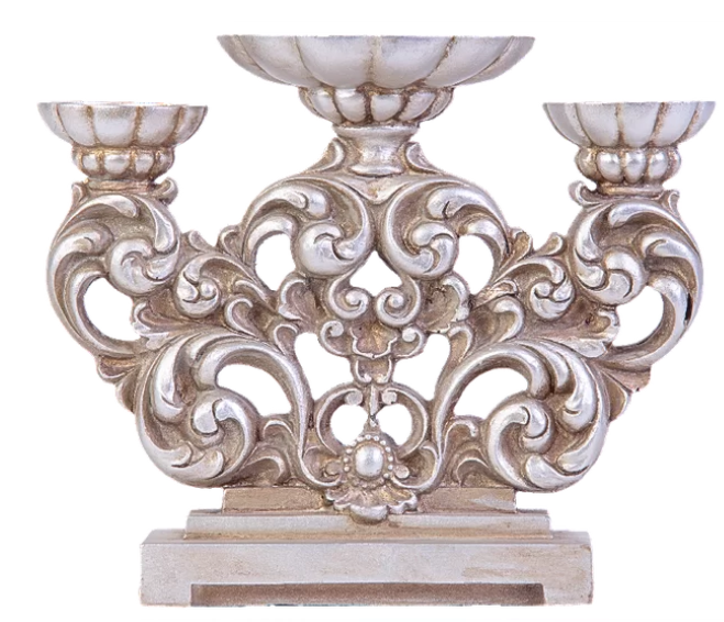 CANDELABRO EM RESINA PINTADO A MAO (PRATA ENVELHECIDA) - 1UN
