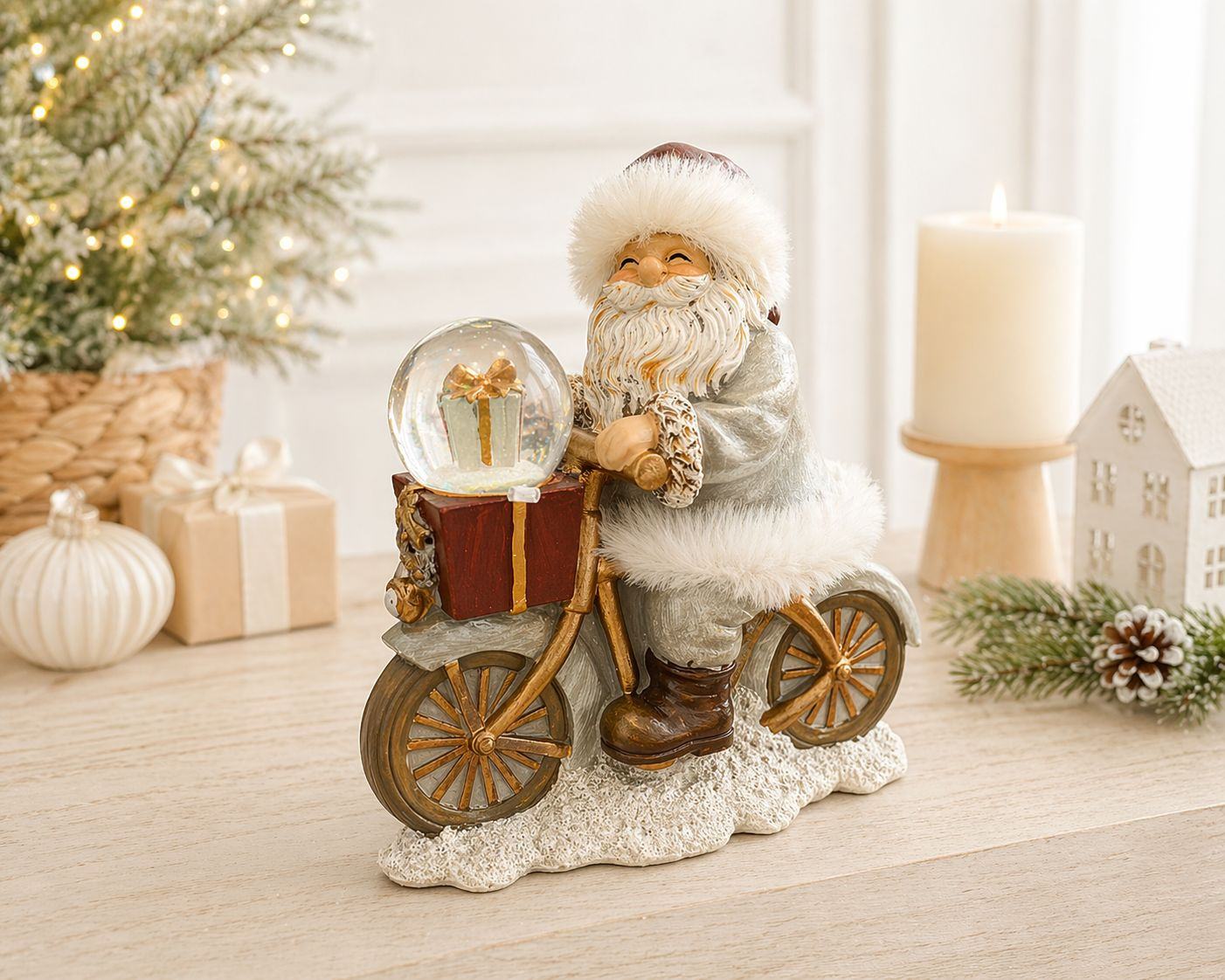 PAPAI NOEL DE BICICLETA RESINA (CINZA/BORDO) - 1UN