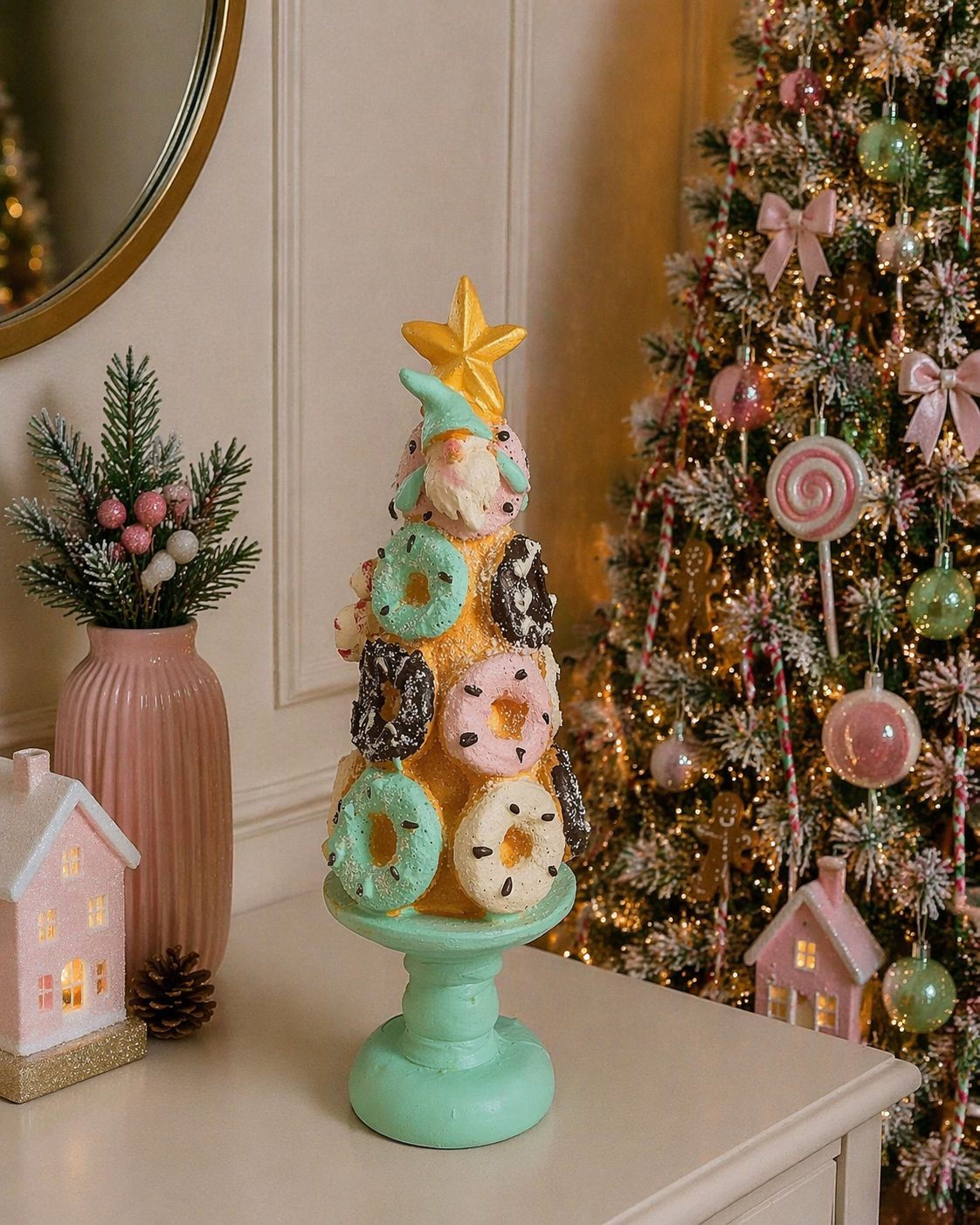 ARVORE DONUTS RESINA (VERDE/ROSA) - 1UN