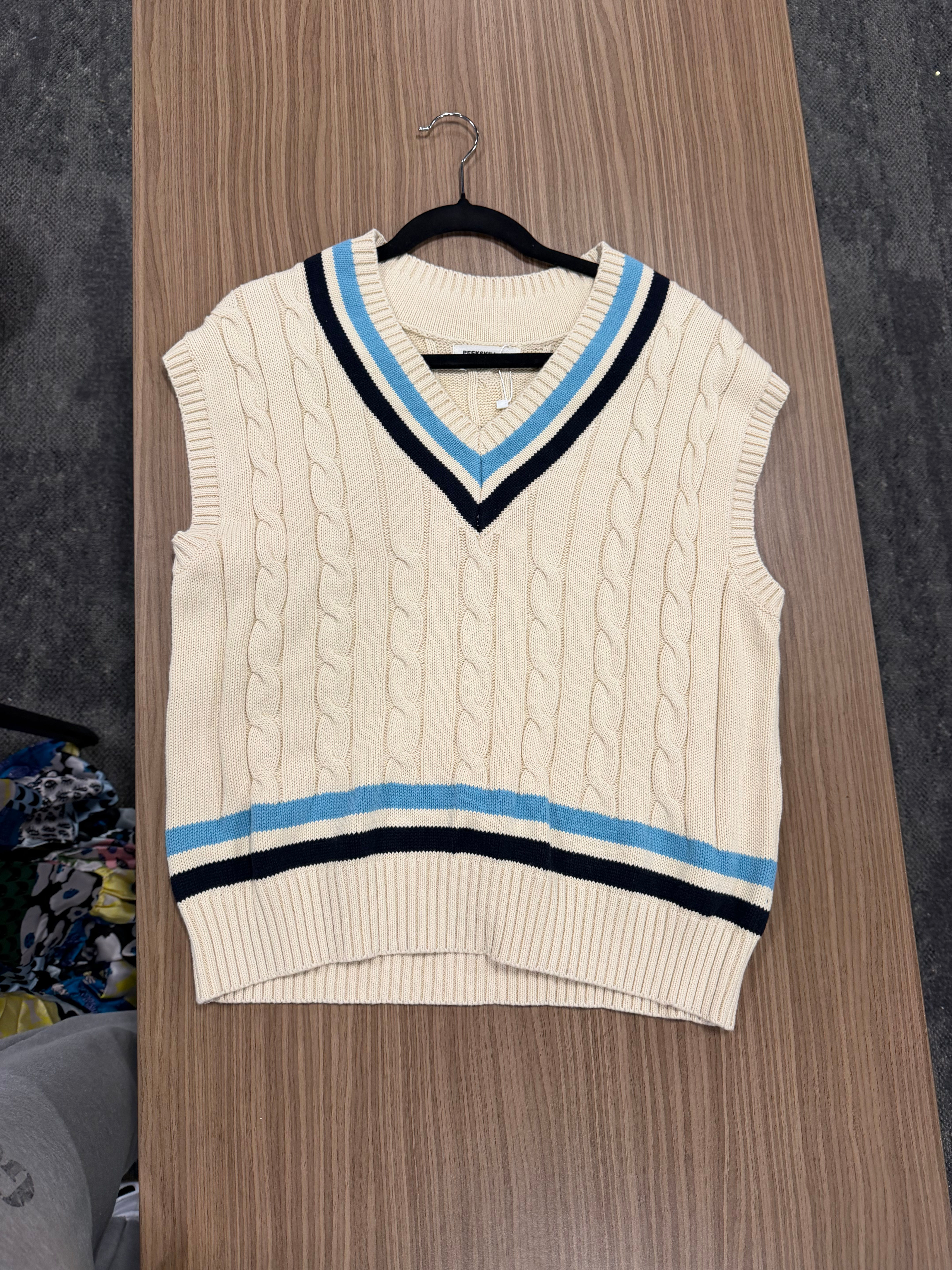207 - cream blue and brown striped vest