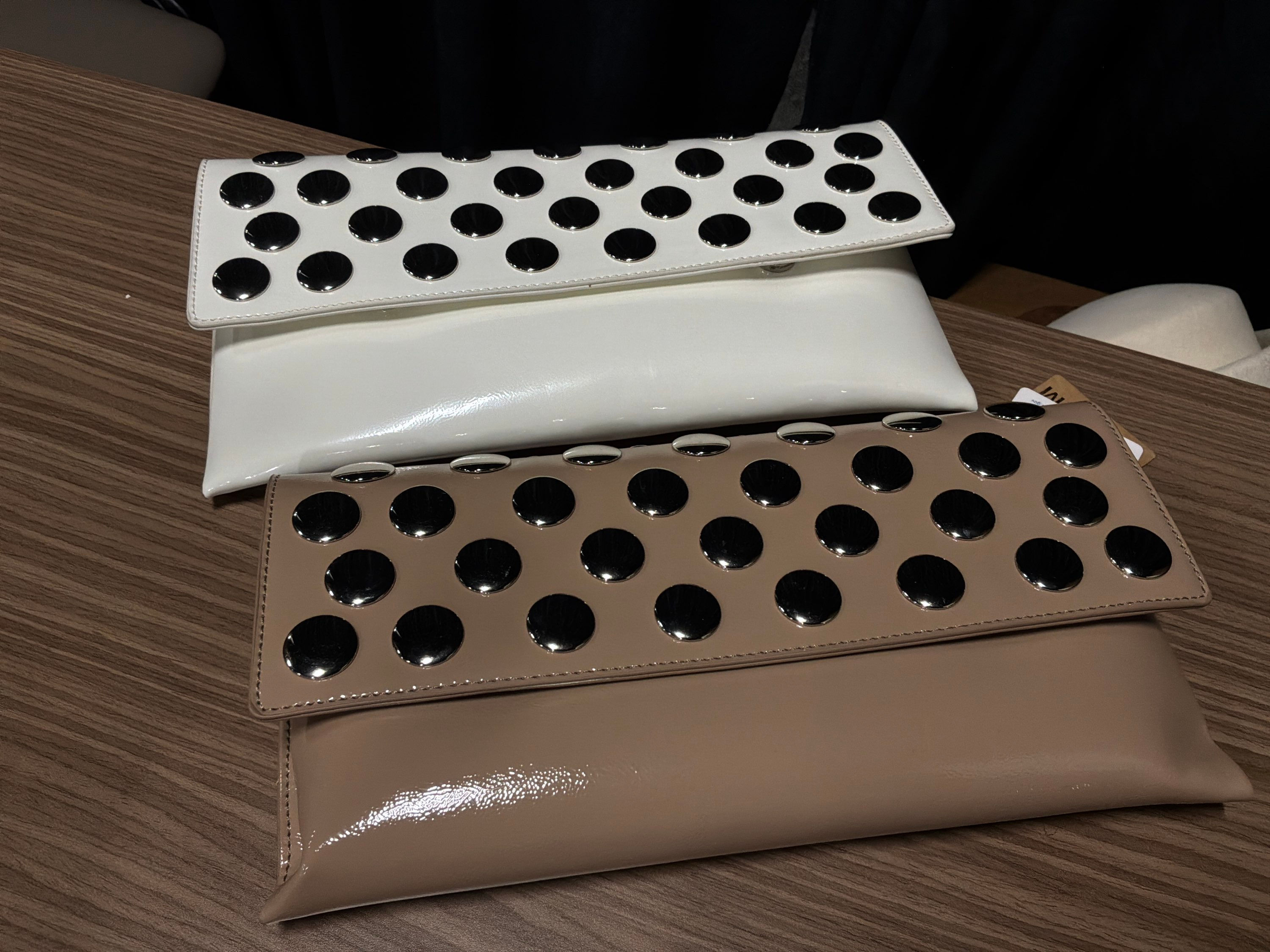 075 Long Flat Clutch with large silver buttons (cream & tan)