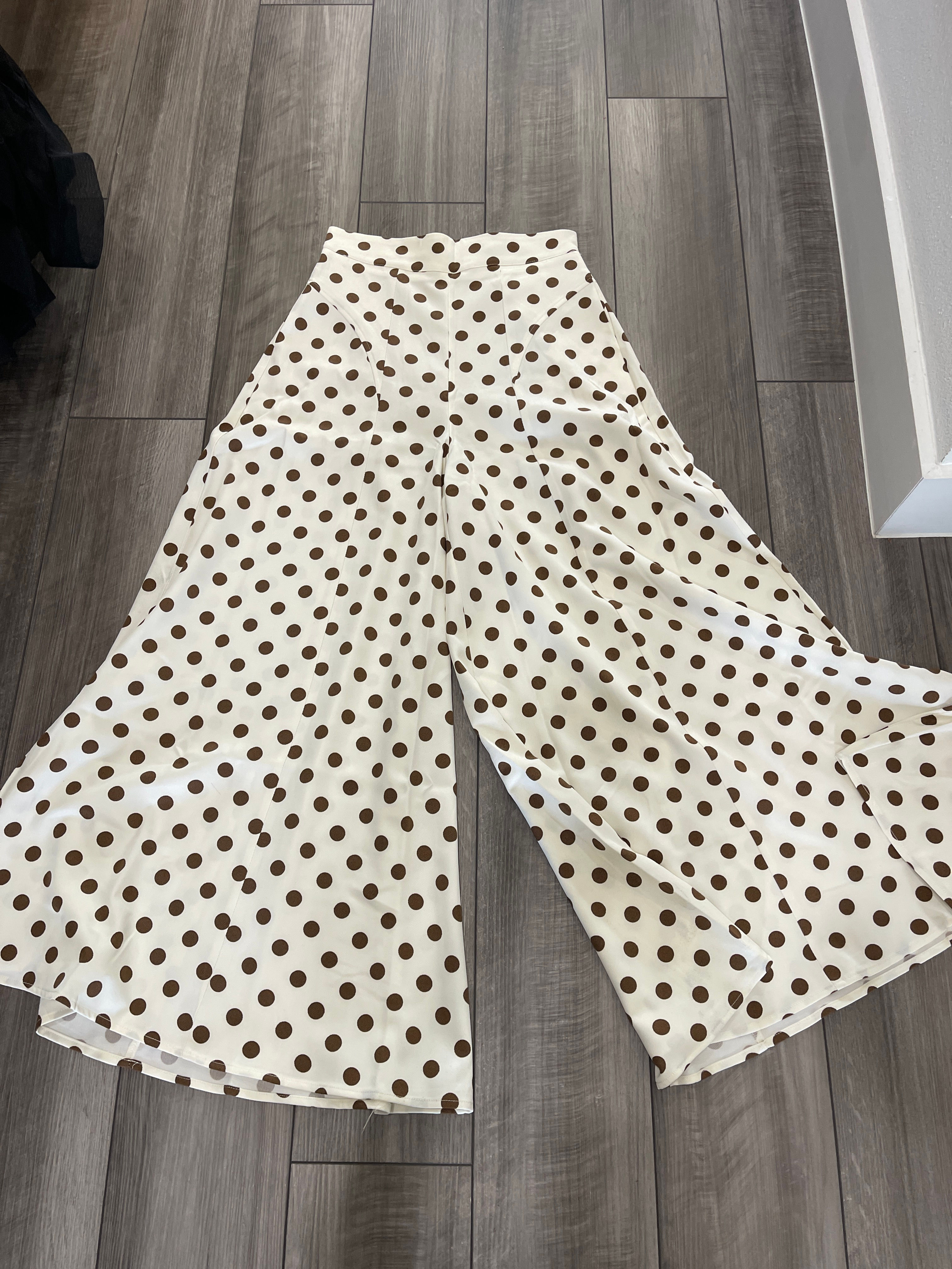 097 - cream and brown polka dot wide leg pant