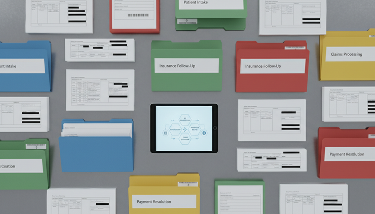 Overhead view of color-coded folders and clean claim documents arranged on a clinical counter.