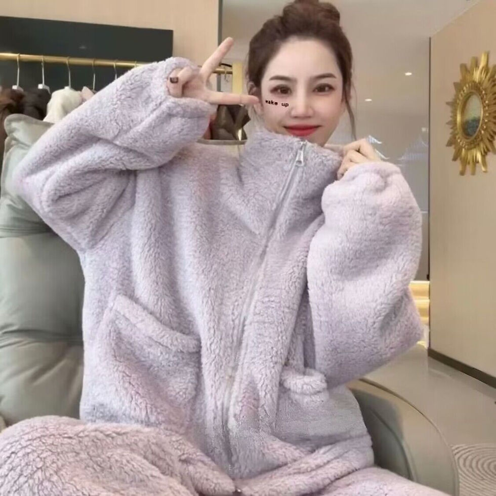 Miniatura: Winter Coral Fleece Pajamas Women's Thickened Warm Zipper Nightwear Two-Piece Se