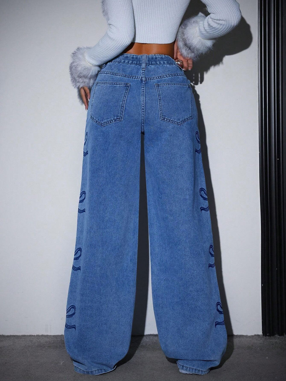 Miniatura: Women Butterfly Print Straight Wide Leg Jeans Washed Craft Loose Casual Denim Lo