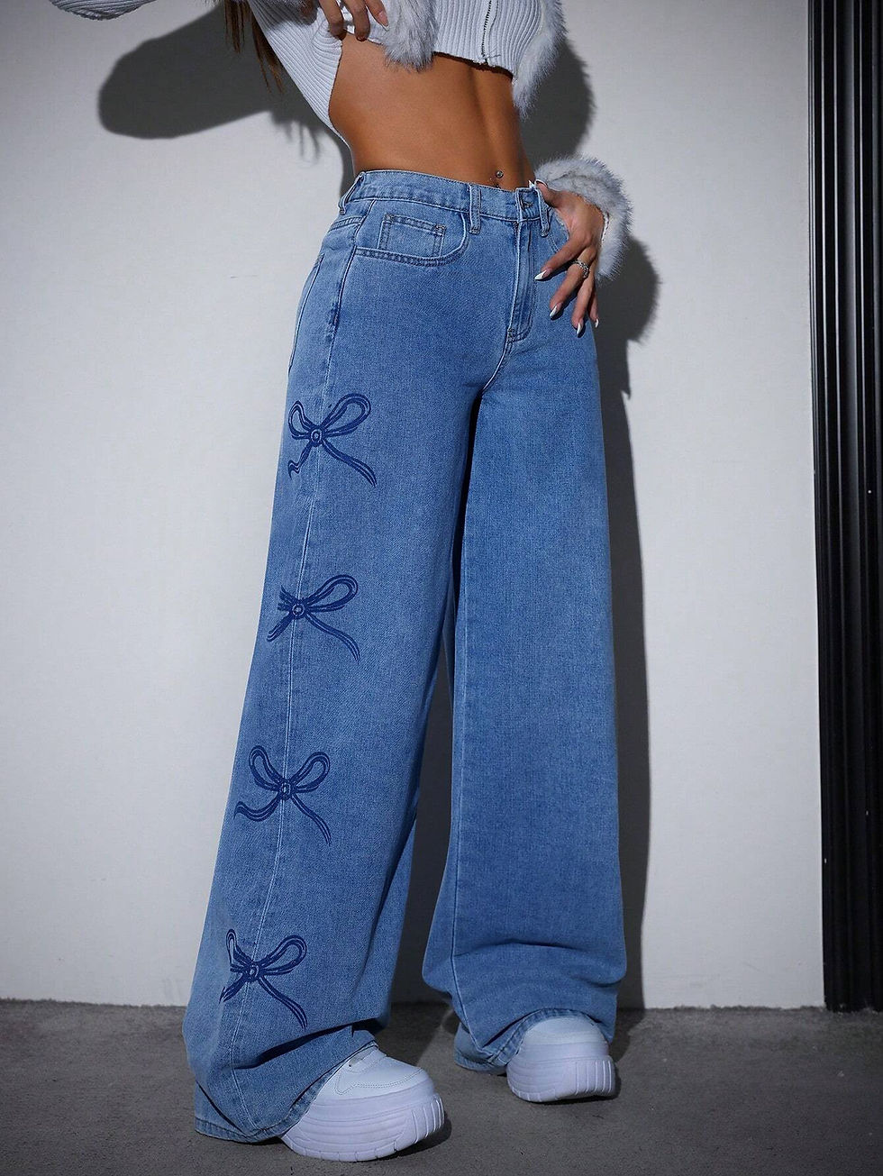 Miniatura: Women Butterfly Print Straight Wide Leg Jeans Washed Craft Loose Casual Denim Lo