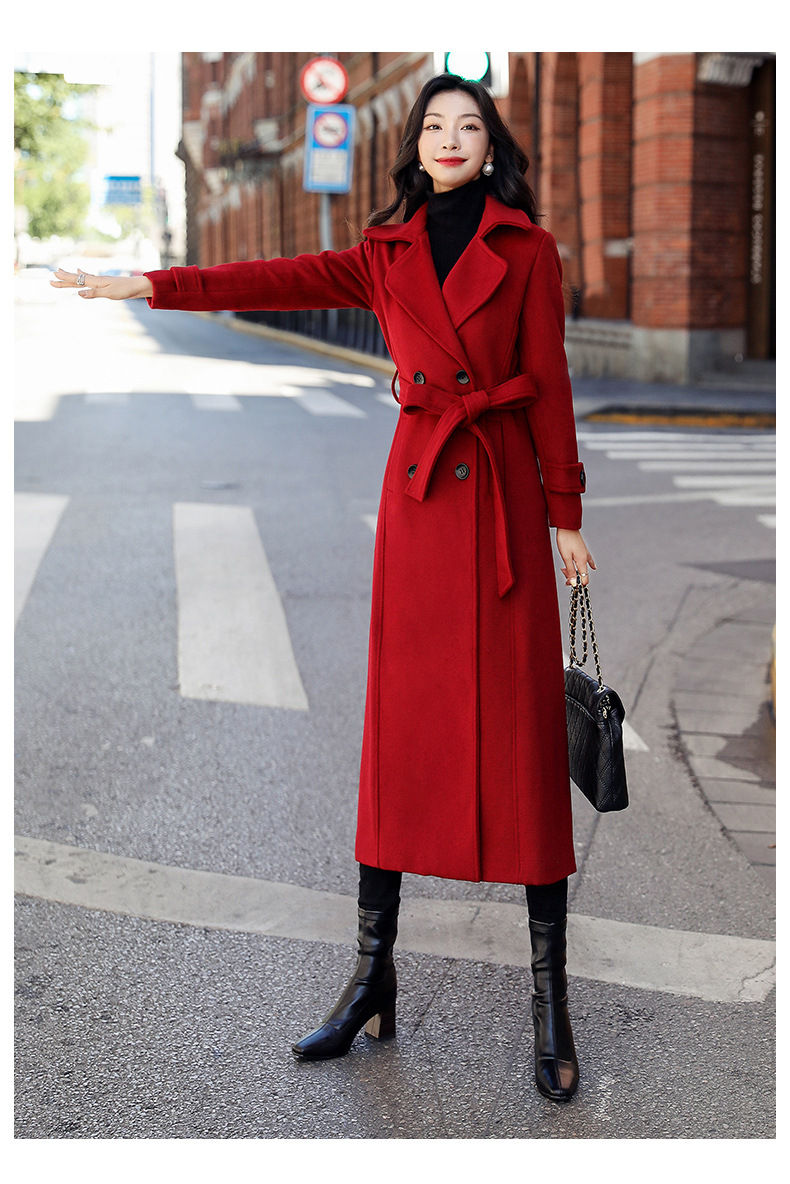 Miniatura: Womens Double Breasted Long Coat Notched Lapel Belted Winter Overcoat