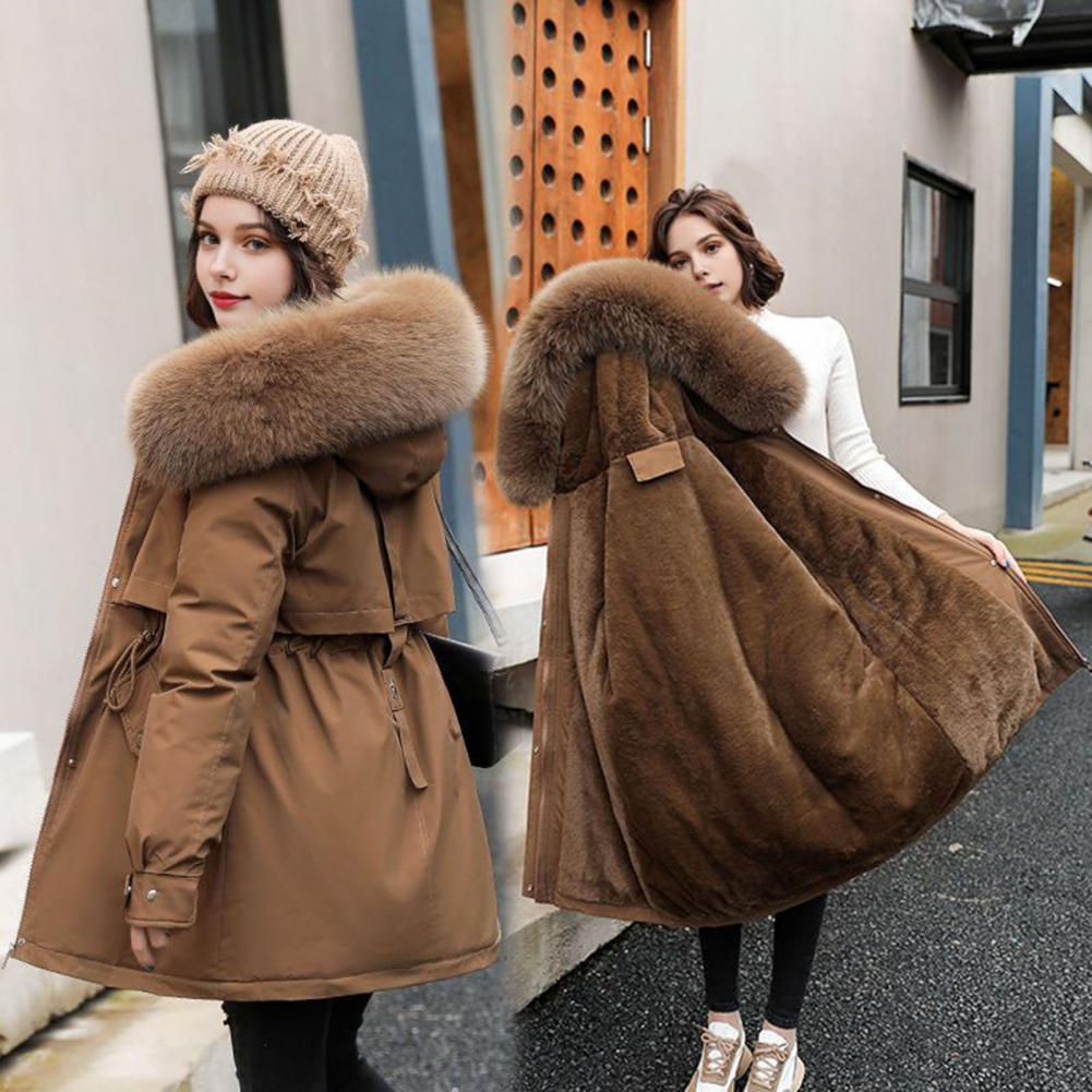 Women's Thicken Fleece Lined Drawstring Parka Windproof Warm Puffer Coat Faux Fu