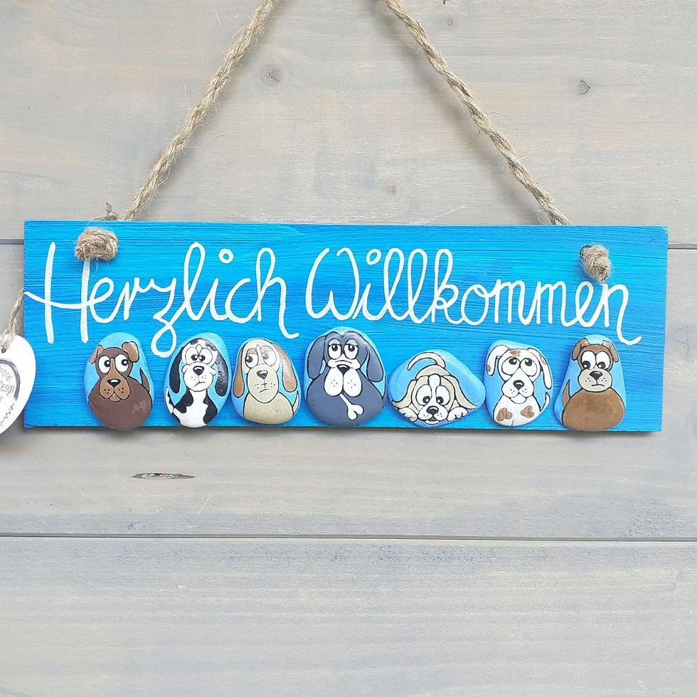 Miniaturbild: Tür-Schild, Herzlich Willkommen,  30x10 cm, 7 Hunde auf Stein gemalt