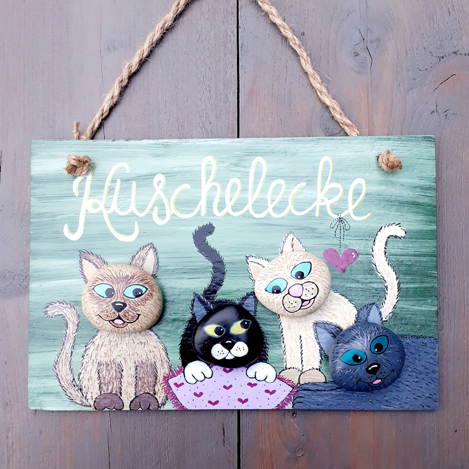 Deko-Schild, Kuschelecke, vier Katzen, Köpfe auf Stein gemalt, 20x30 cm